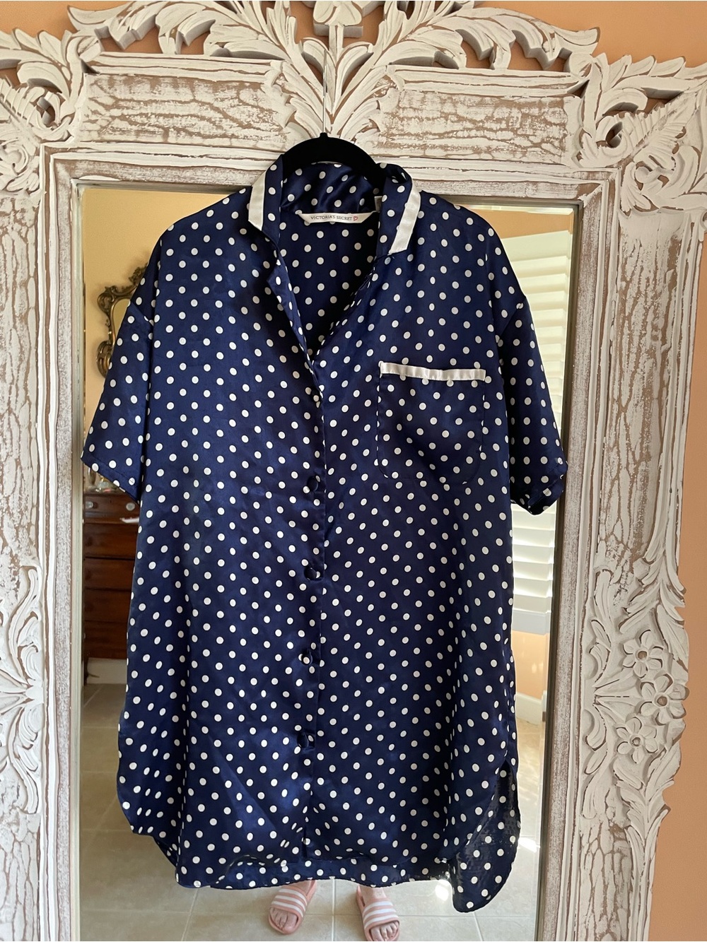 Victoria's Secret Navy Poly Pocket Polka Dot Short-Sleeve Button Robe Top